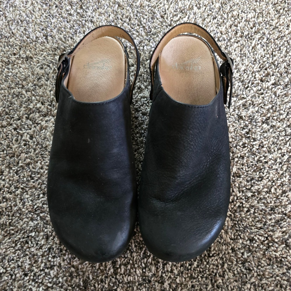 Dansko Sam Clogs Women 39 Black Leather Slingback Platform Sandals Stapled